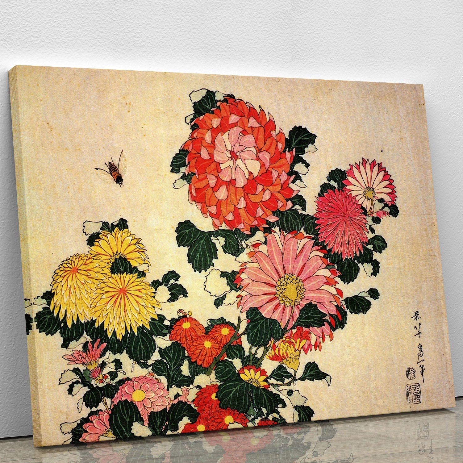 Canvas print of Hokusai's Chrysanthemum and bee artwork, showcasing vibrant flowers and a bee in intricate detail.